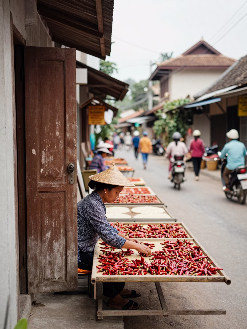 Arranging Chilies in Chiang Mai in in Chiang Mai, Thailand