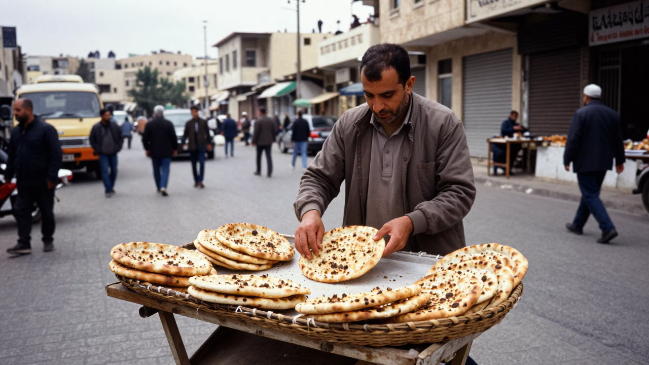 Arranging Flatbreads in Beirut at Midday Light in in Beirut, Lebanon