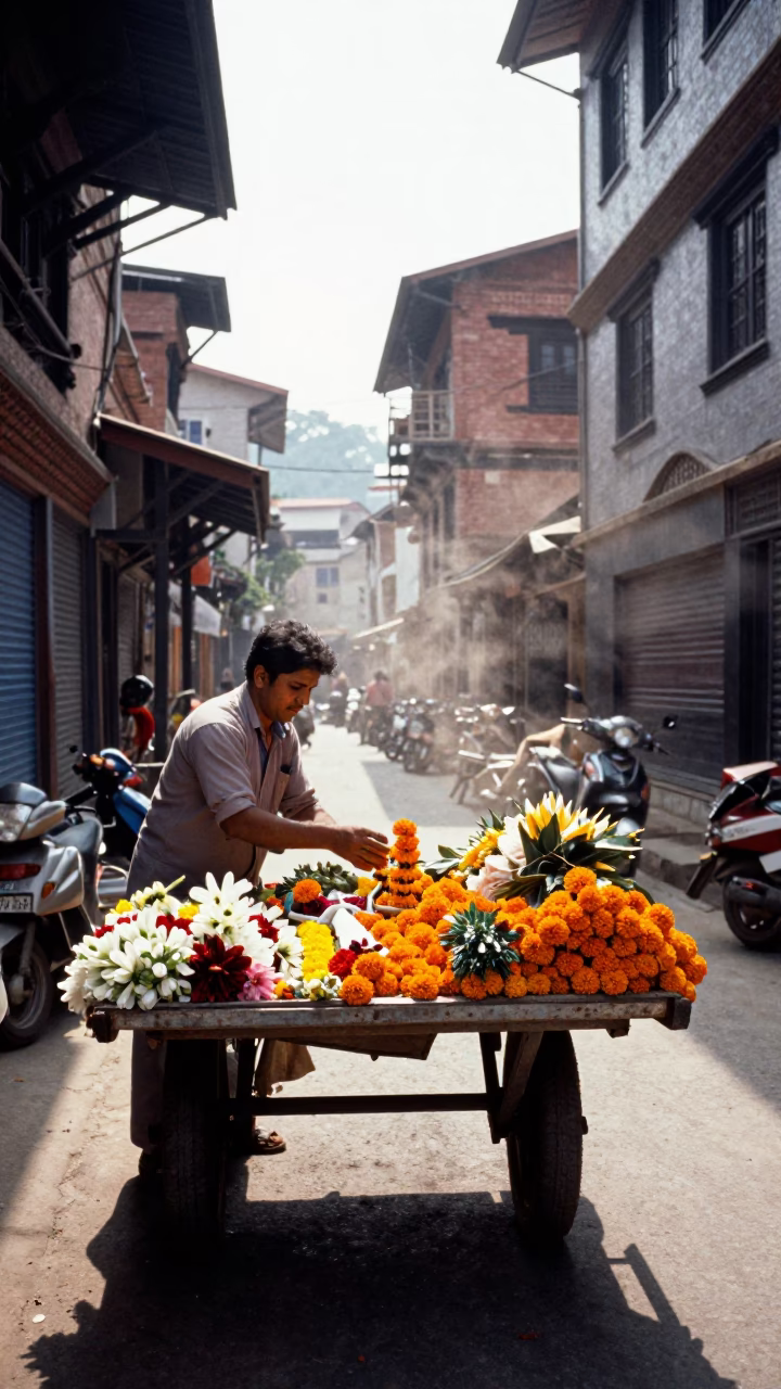 Arranging Flowers in Kathmandu in in Kathmandu, Nepal