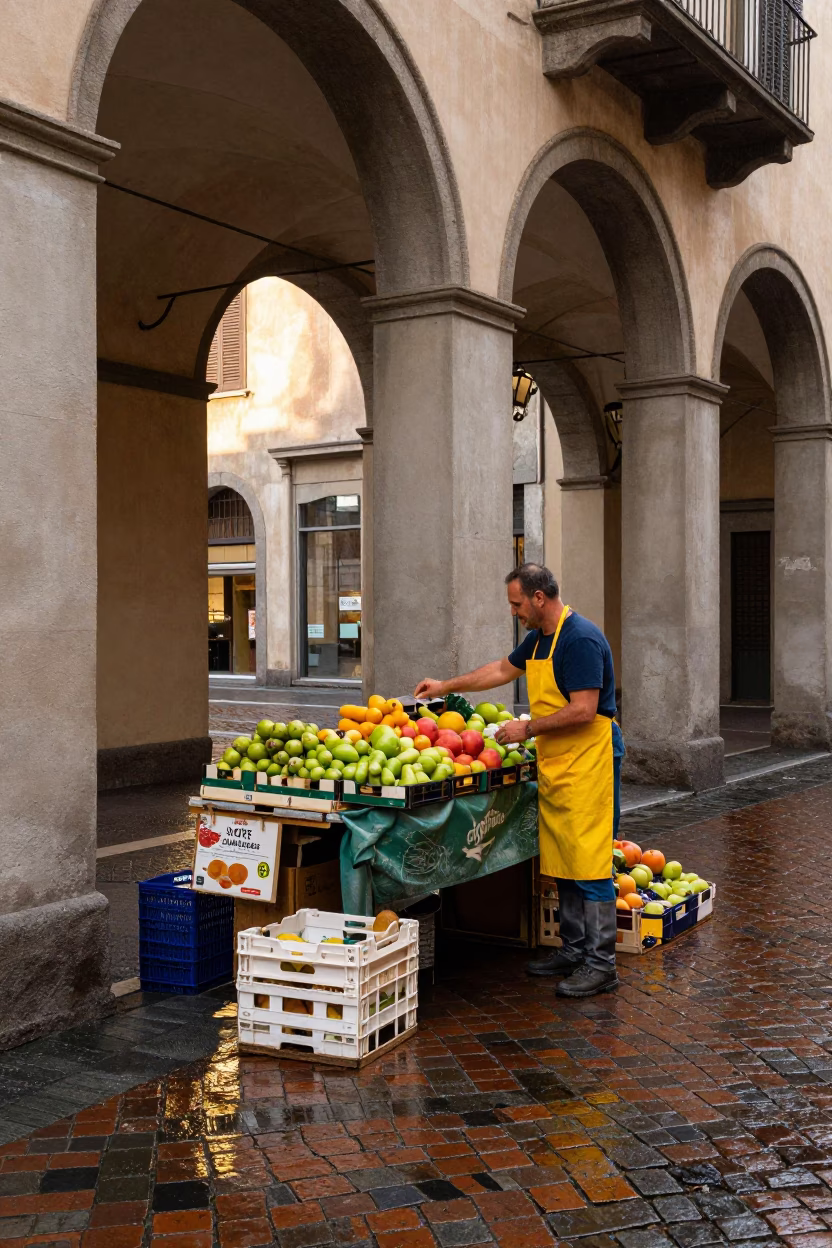Arranging Fruit in Bologna in in Bologna, Italy