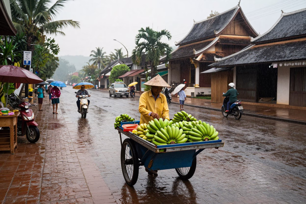 Arranging Fruit in Luang Prabang in in Luang Prabang, Laos