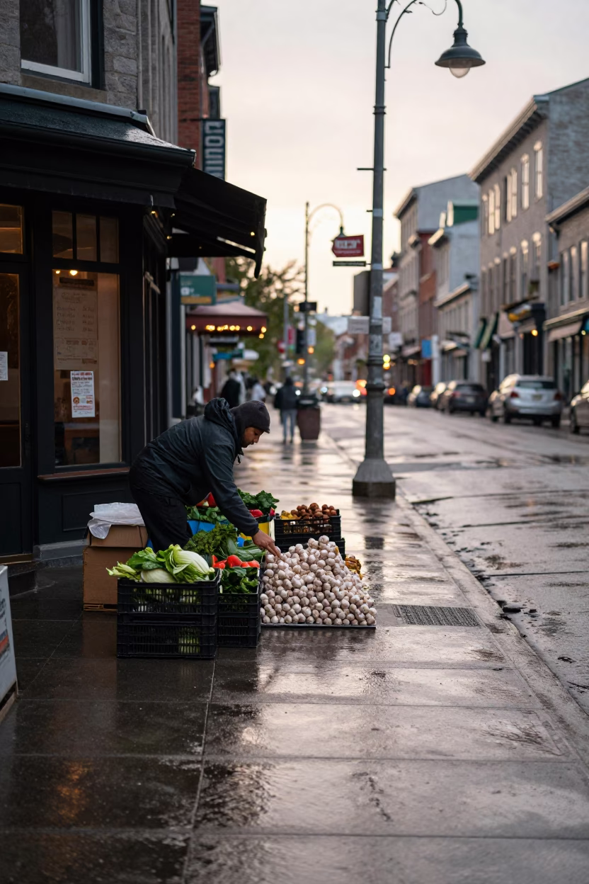 Arranging Garlic in Montreal in in Montreal, Quebec, Canada