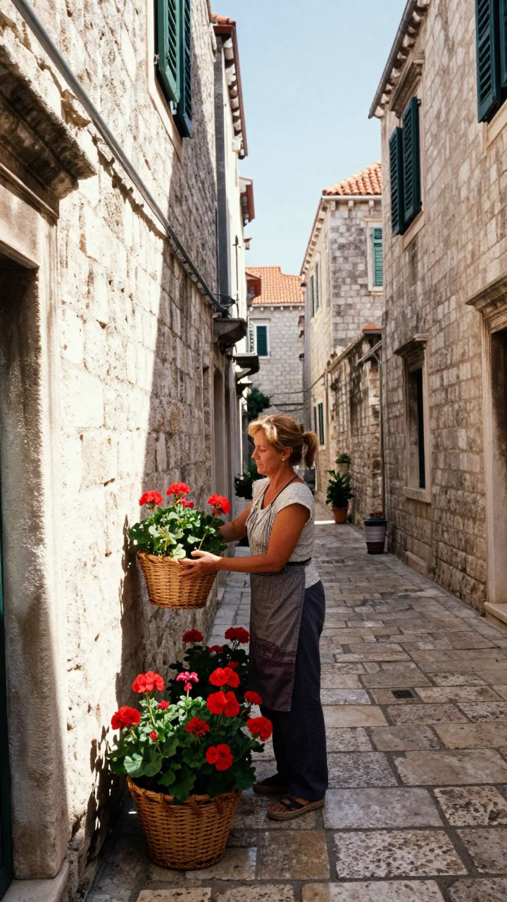 Arranging Geraniums in Dubrovnik in in Dubrovnik, Croatia