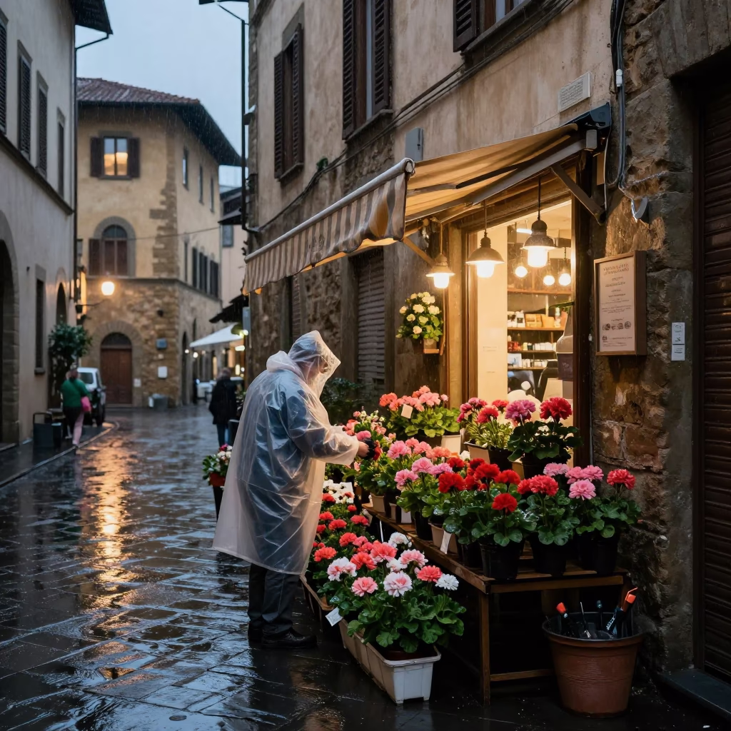 Arranging Geraniums in Florence in in Florence, Italy