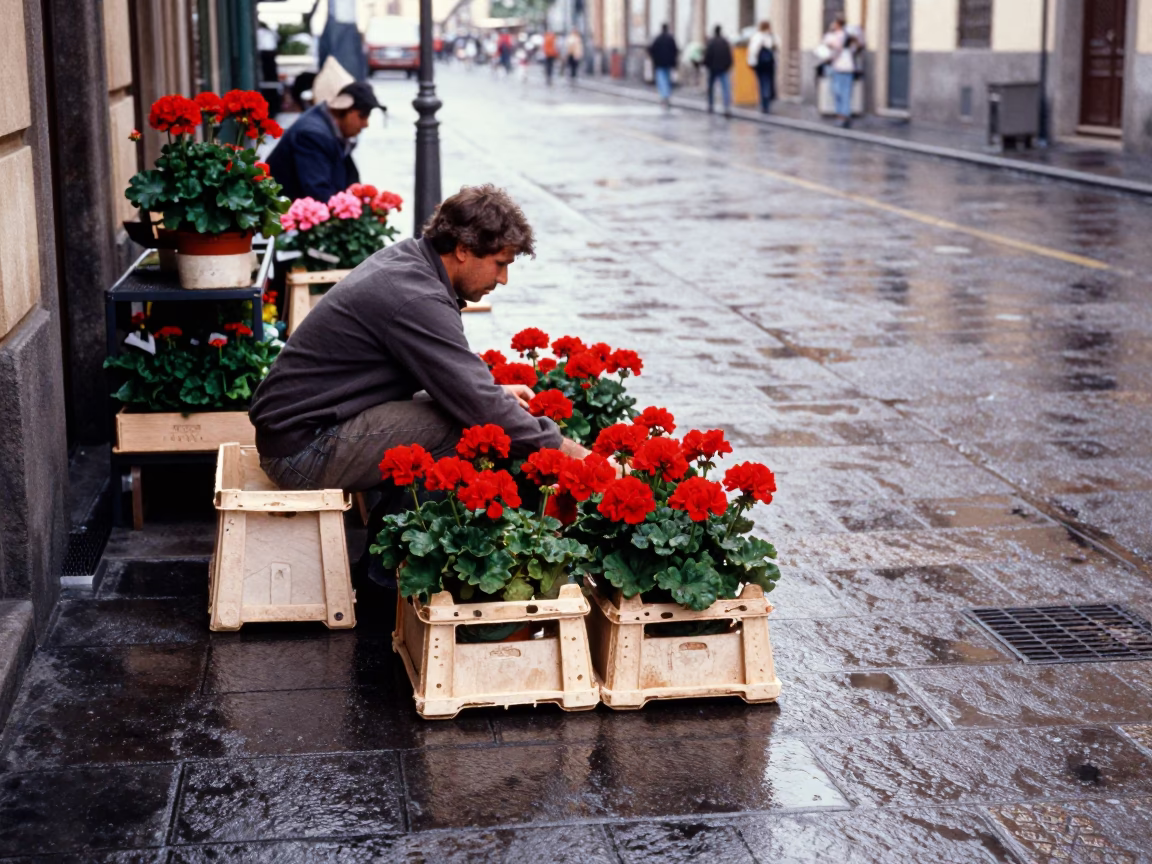 Arranging Geraniums in Naples in in Naples, Italy