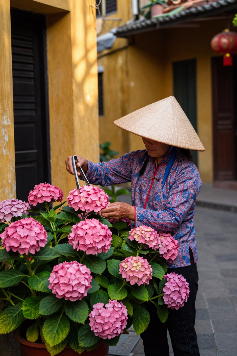 Arranging Hydrangeas in Hoi An in in Hoi An, Vietnam