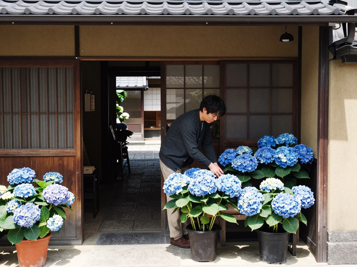 Arranging Hydrangeas in Kyoto in in Kyoto, Japan