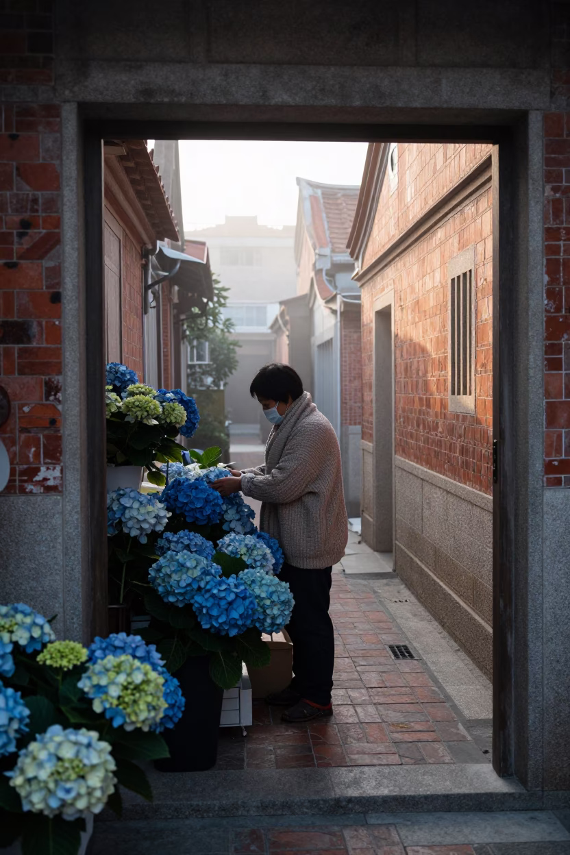 Arranging Hydrangeas in Tainan in in Tainan, Taiwan