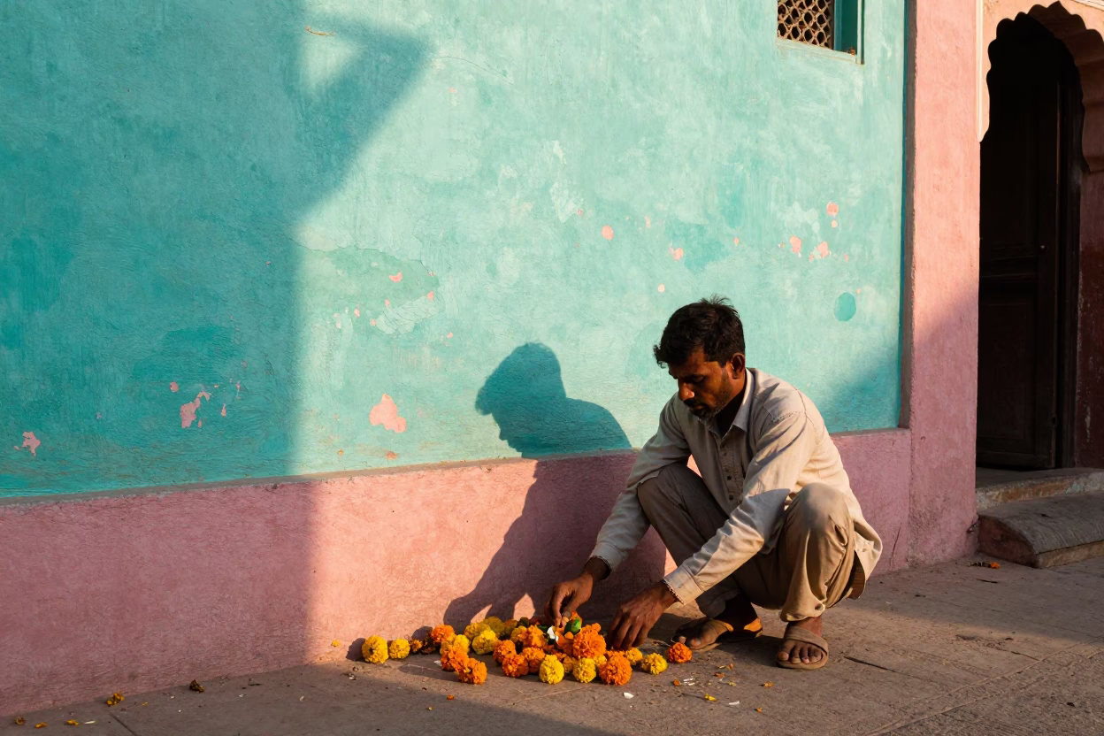 Arranging Marigolds in Jaipur in in Jaipur, India