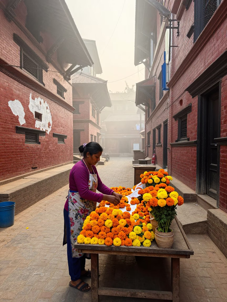 Arranging Marigolds in Kathmandu in in Kathmandu, Nepal