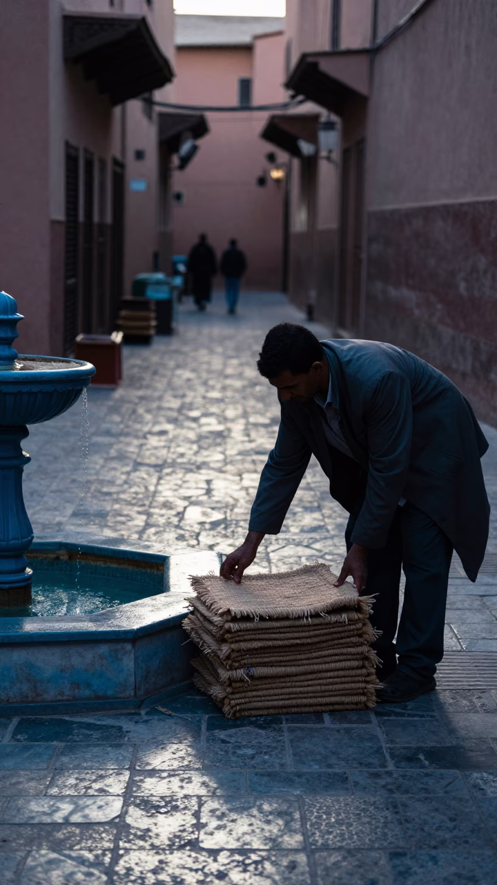 Arranging Mats in Marrakech in in Marrakech, Morocco