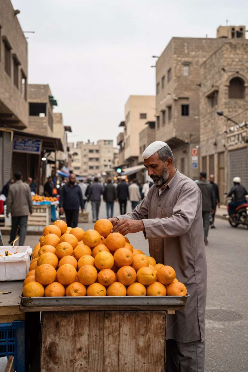 Arranging Oranges in Cairo at Midday Light in in Cairo, Egypt