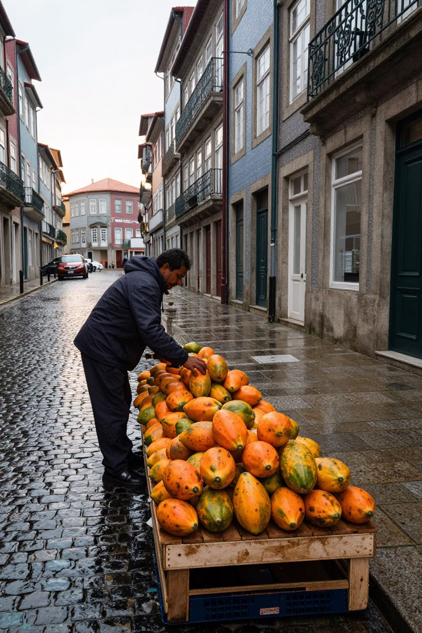 Arranging Papayas in Porto in in Porto, Portugal