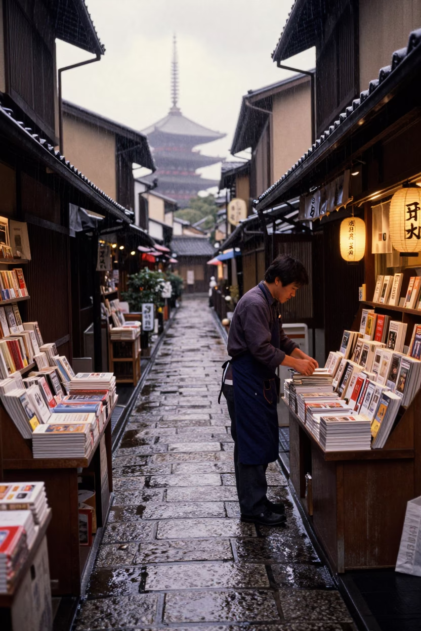 Arranging Paperbacks in Kyoto in in Kyoto, Japan