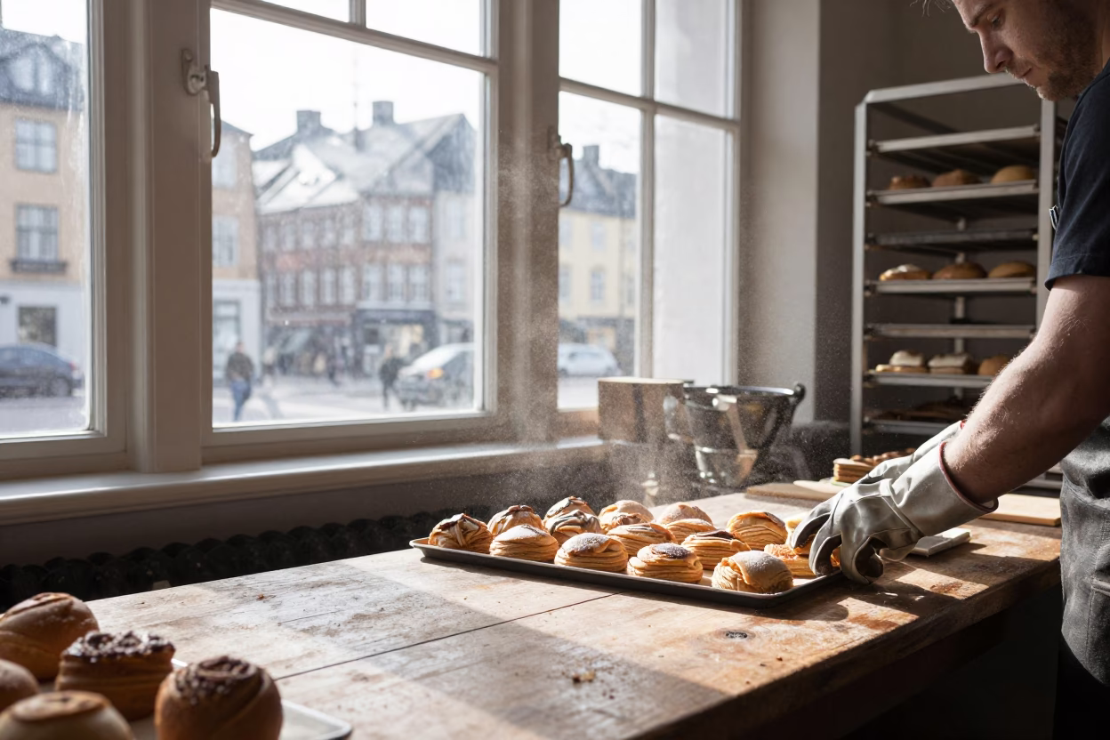 Arranging Pastries in Copenhagen in in Copenhagen, Denmark
