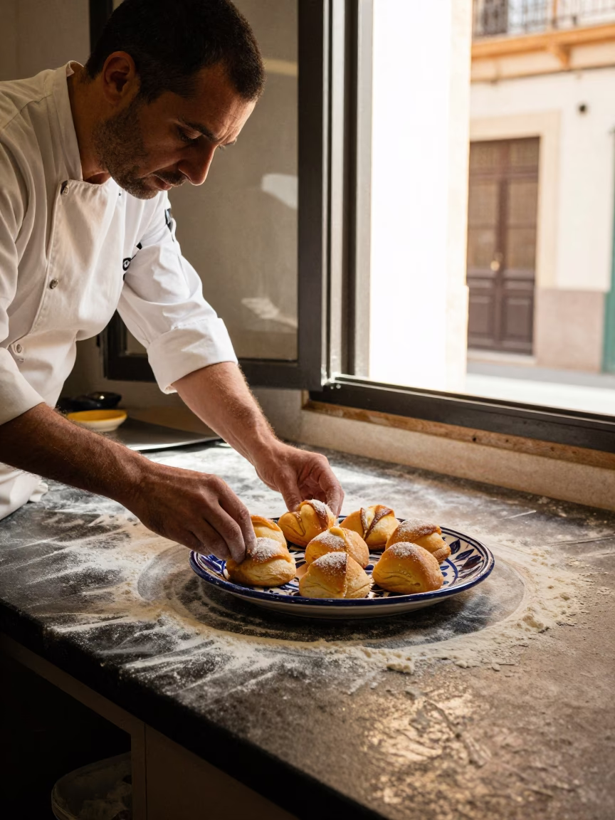 Arranging Pastries just after sunrise in Valencia in in Valencia, Spain