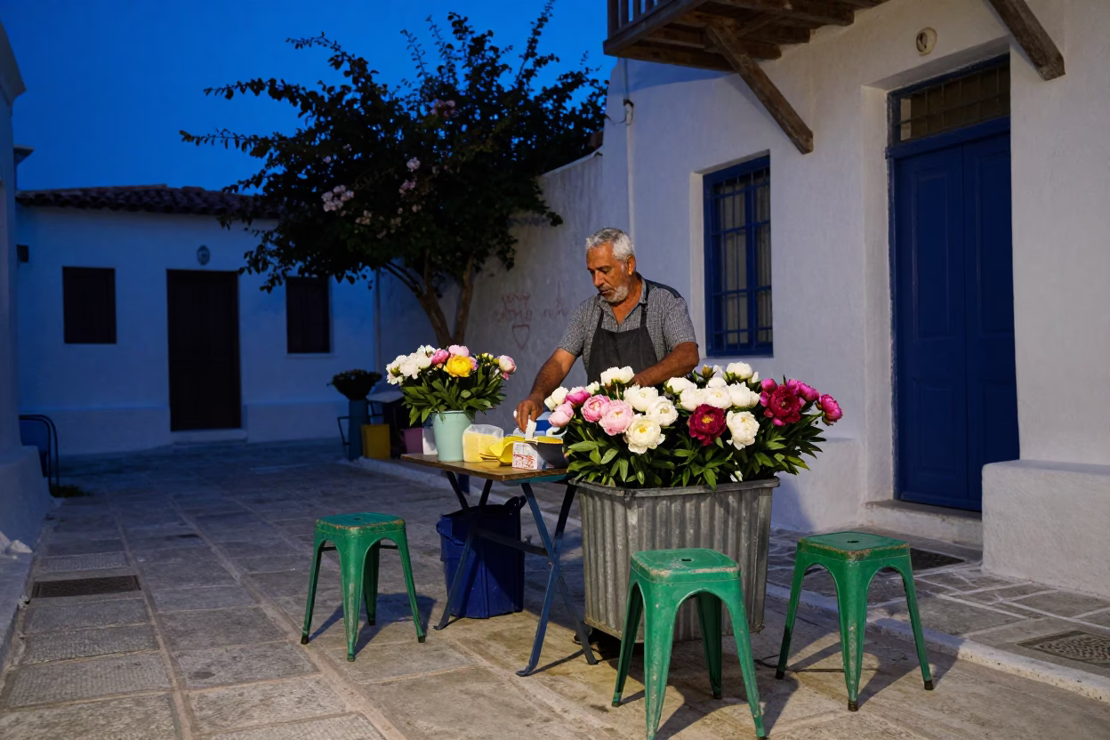 Arranging Peonies in Athens in in Athens, Greece