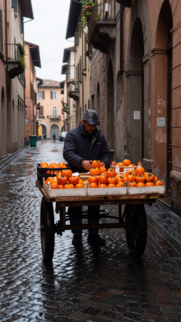 Arranging Persimmons in Bologna in in Bologna, Italy