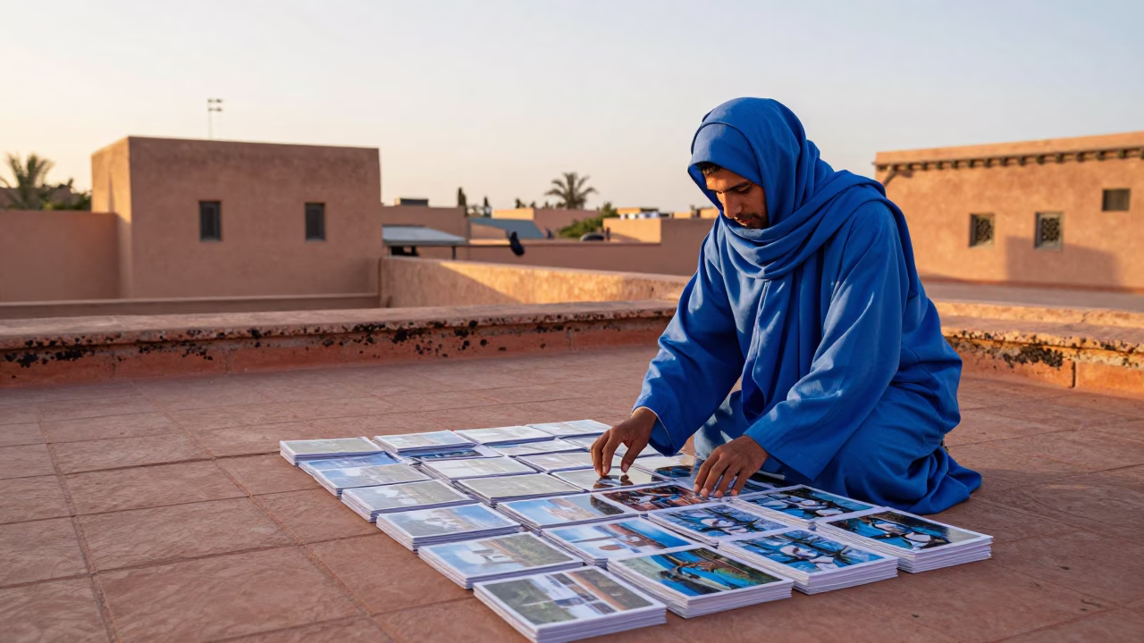 Arranging Postcards in Marrakech in in Marrakech, Morocco