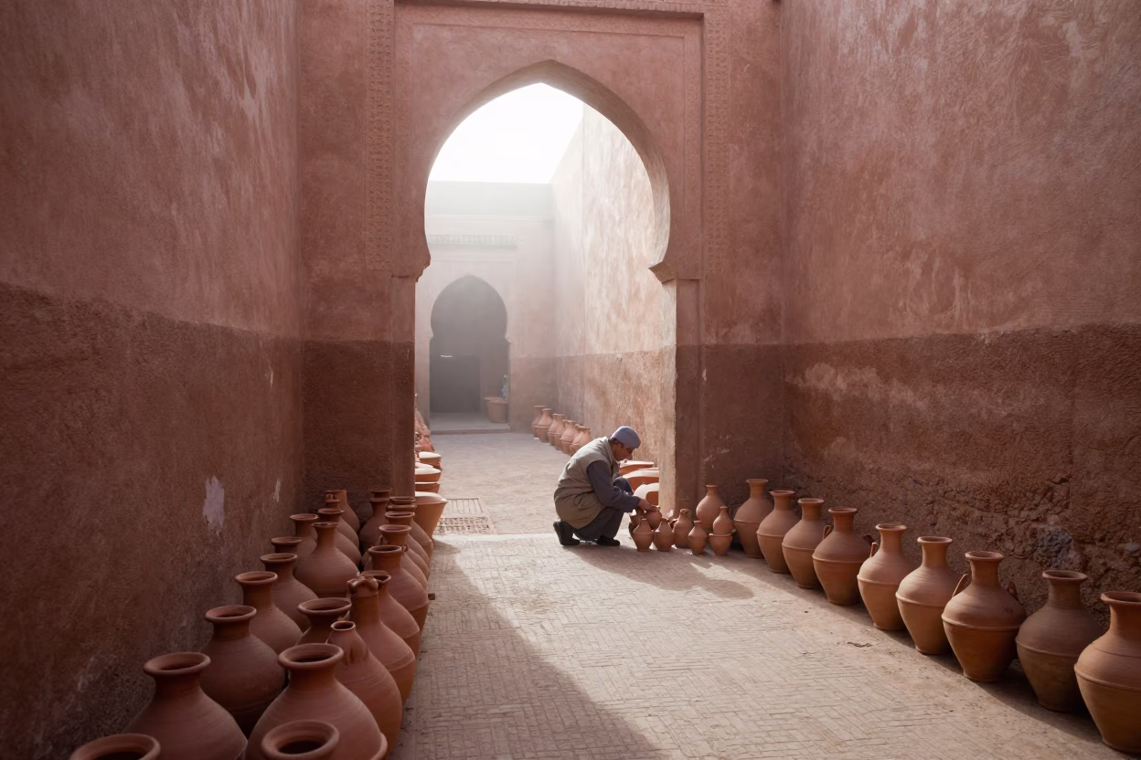 Arranging Pottery in Marrakech in in Marrakech, Morocco
