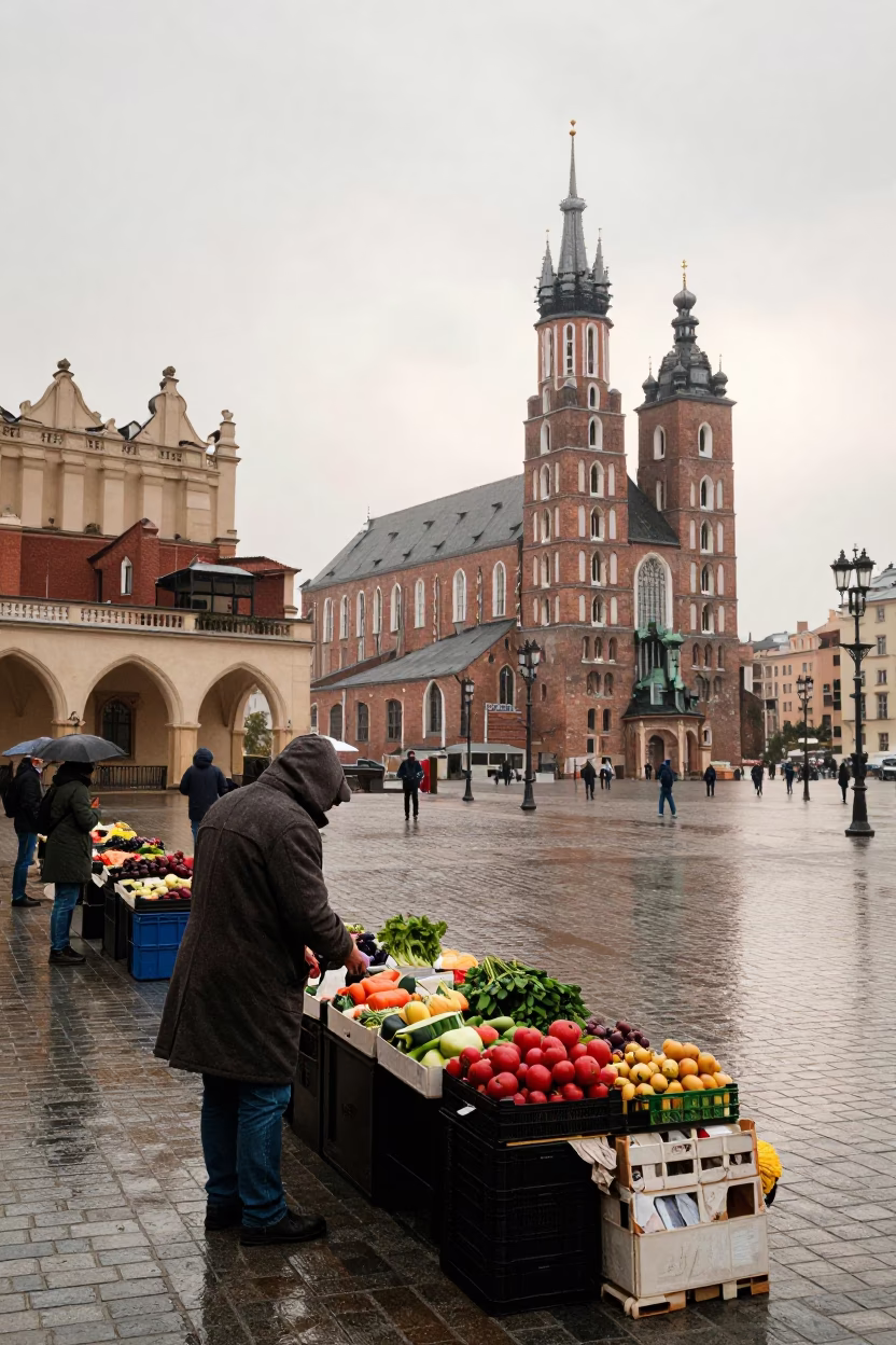 Arranging Produce in Krakow in in Krakow, Poland