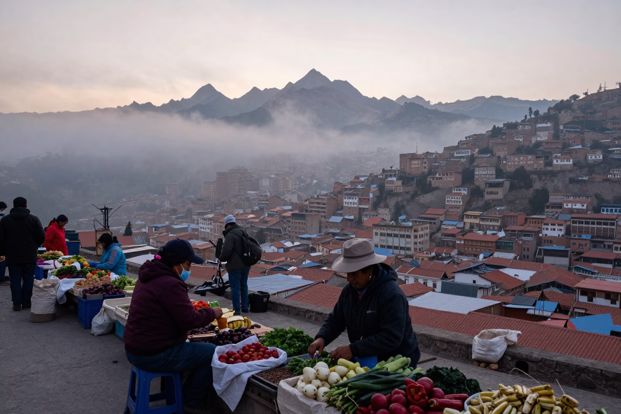 Arranging Produce in La Paz in in La Paz, Bolivia