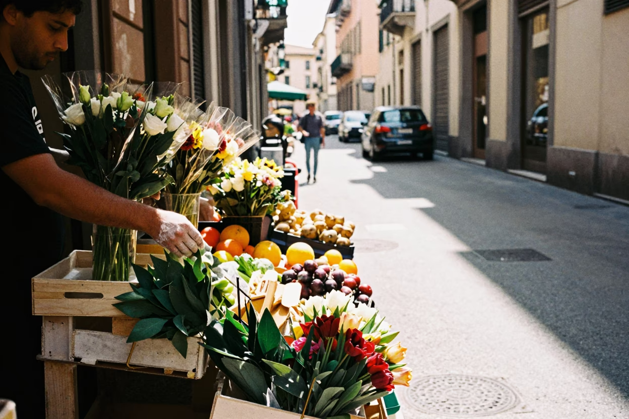 Arranging Produce in Milan in in Milan, Italy