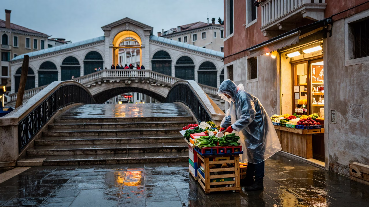 Arranging Produce in Venice in in Venice, Italy