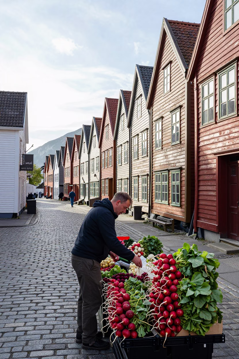 Arranging Radishes in Bergen in in Bergen, Norway