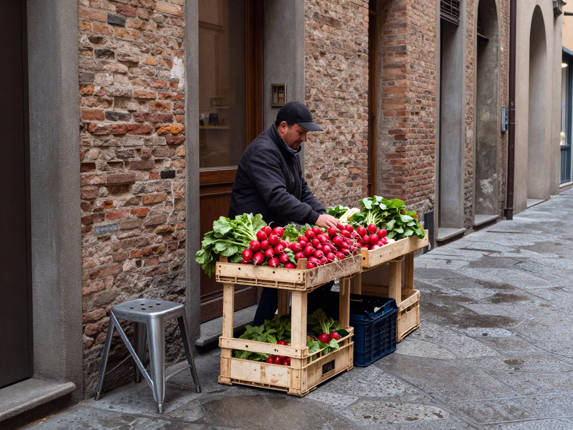 Arranging Radishes in Bologna in in Bologna, Italy
