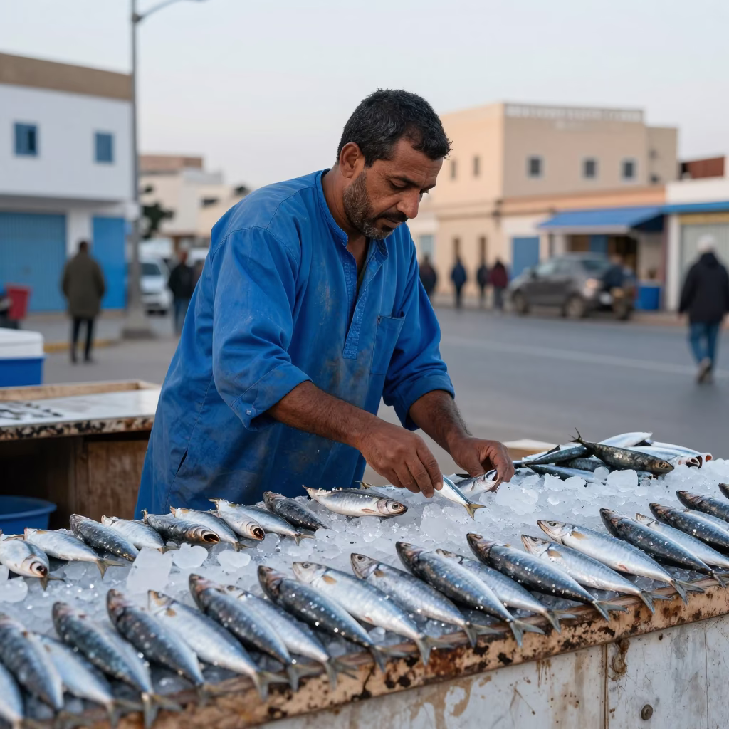 Arranging Sardines in Essaouira in in Essaouira, Morocco