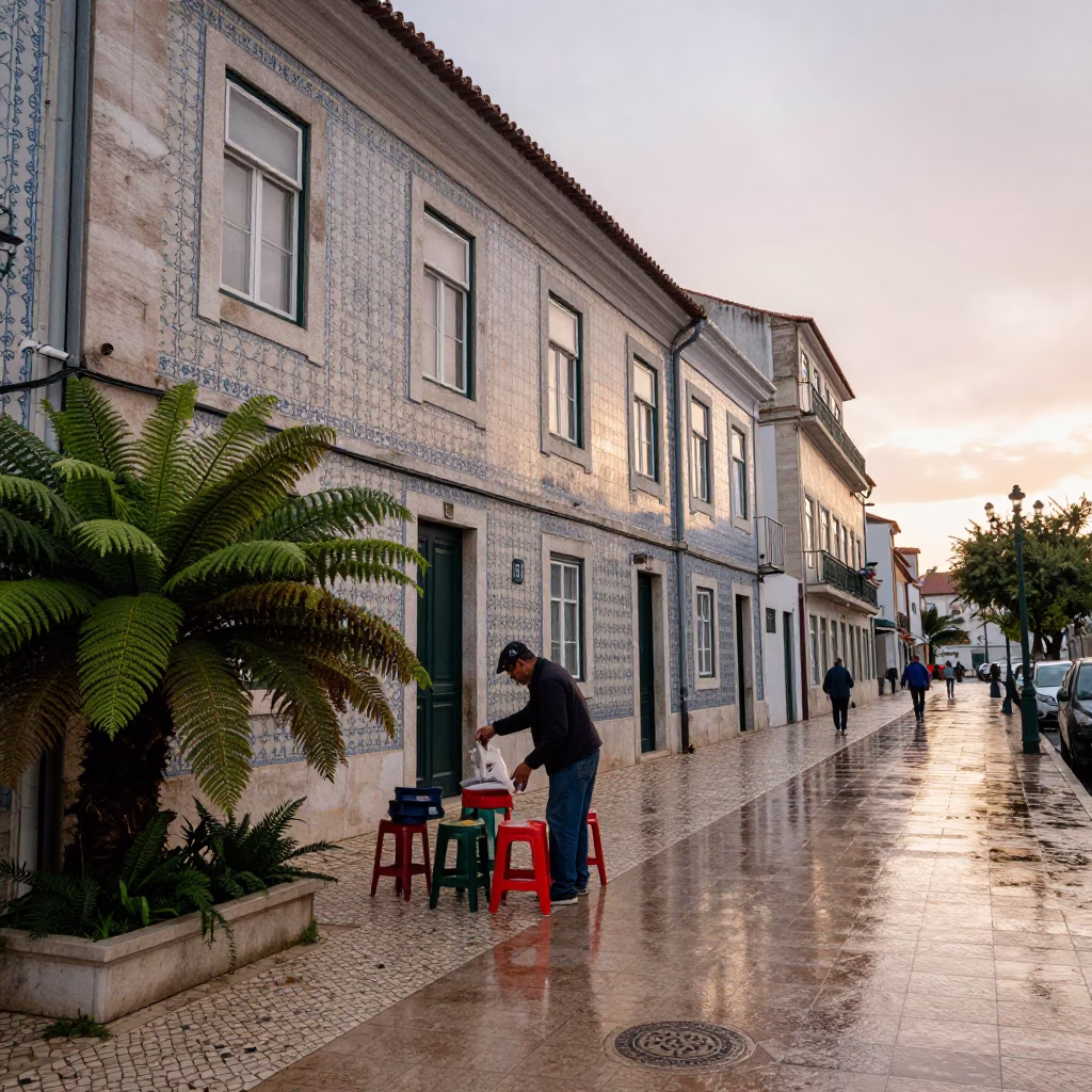 Arranging Stools in Lisbon in in Lisbon, Portugal