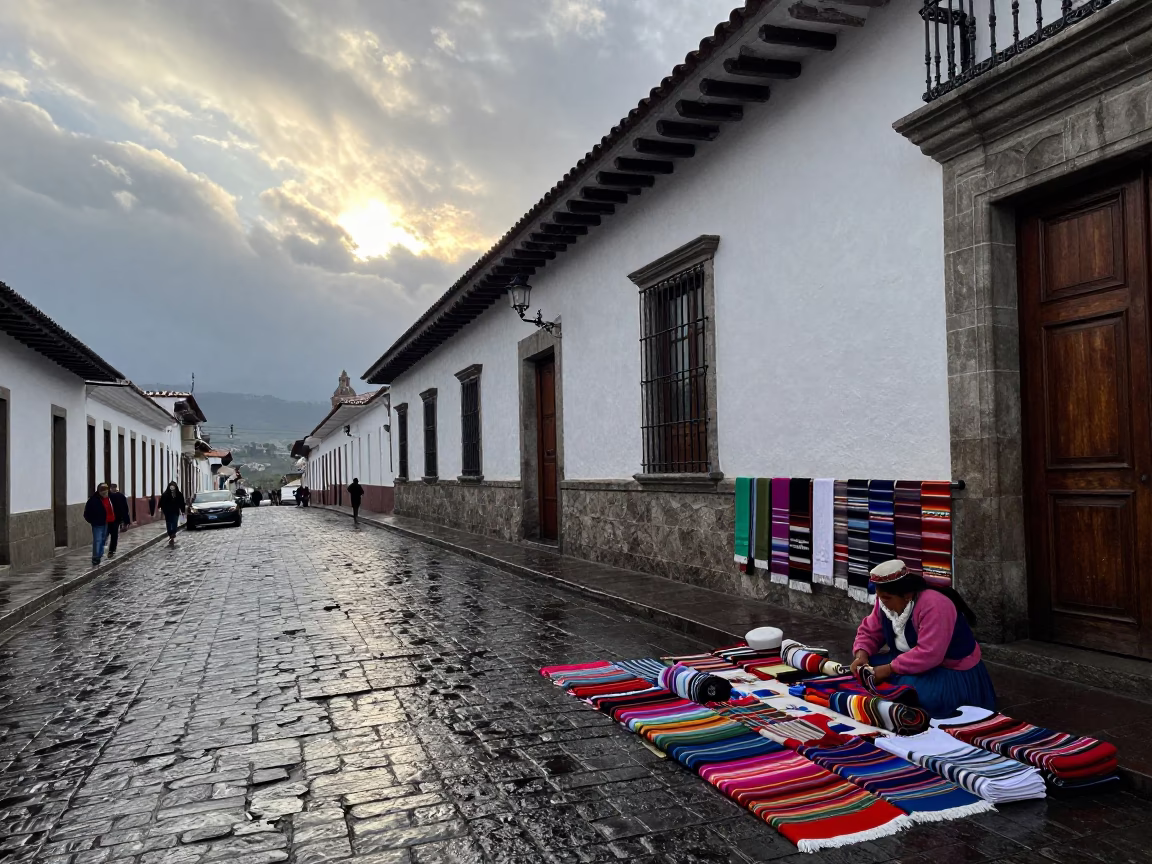Arranging Textiles in Quito in in Quito, Ecuador