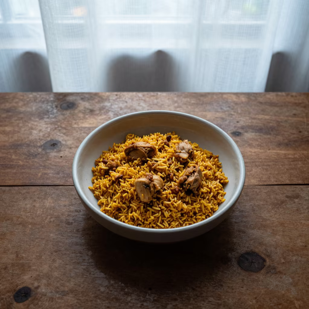 Arroz con Pollo Bowl on Rustic Table in on a rustic wooden table in Lome