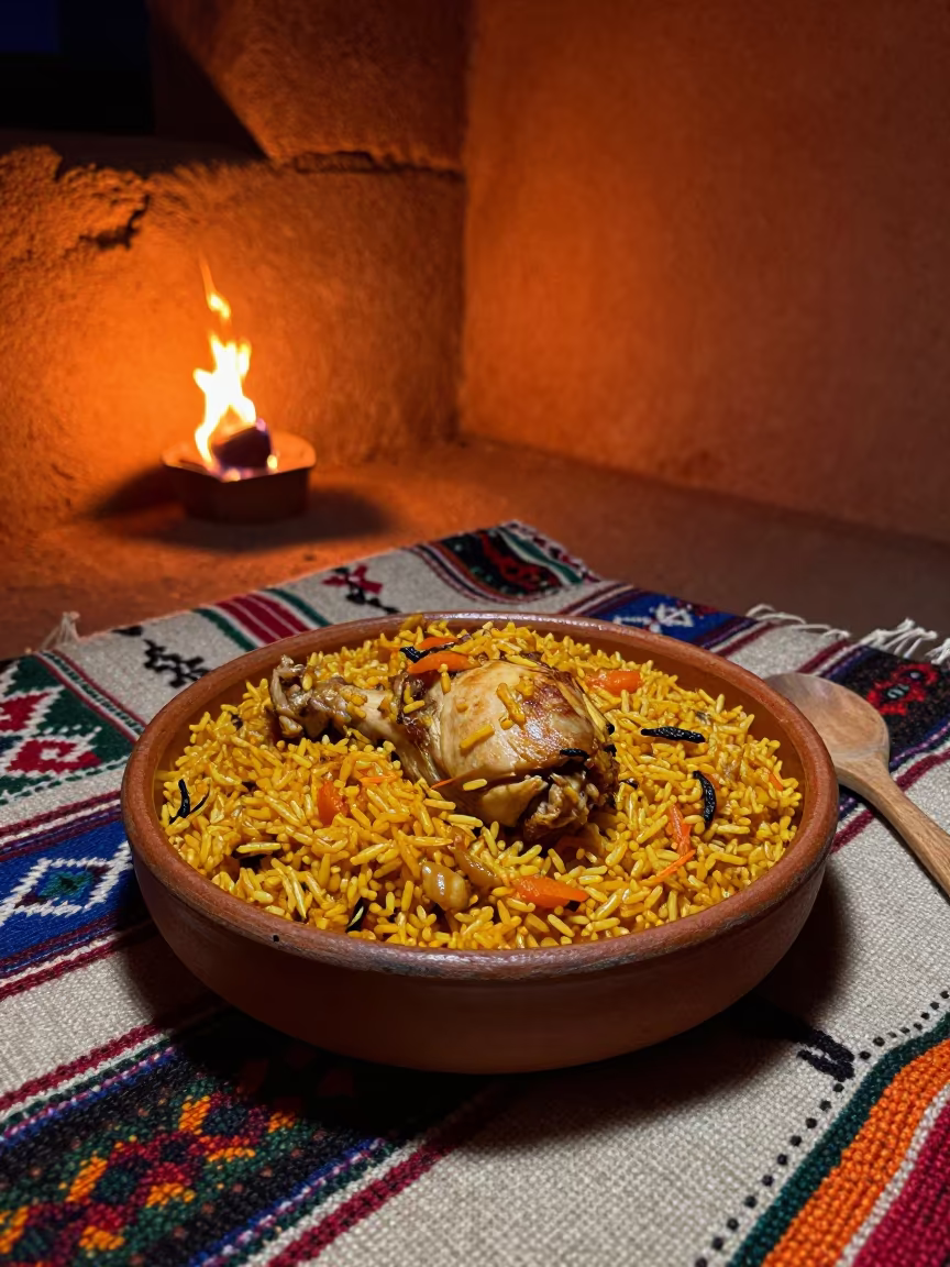 Arroz Con Pollo Bowl on Wool Blanket in Oruro in on a picnic blanket in Oruro