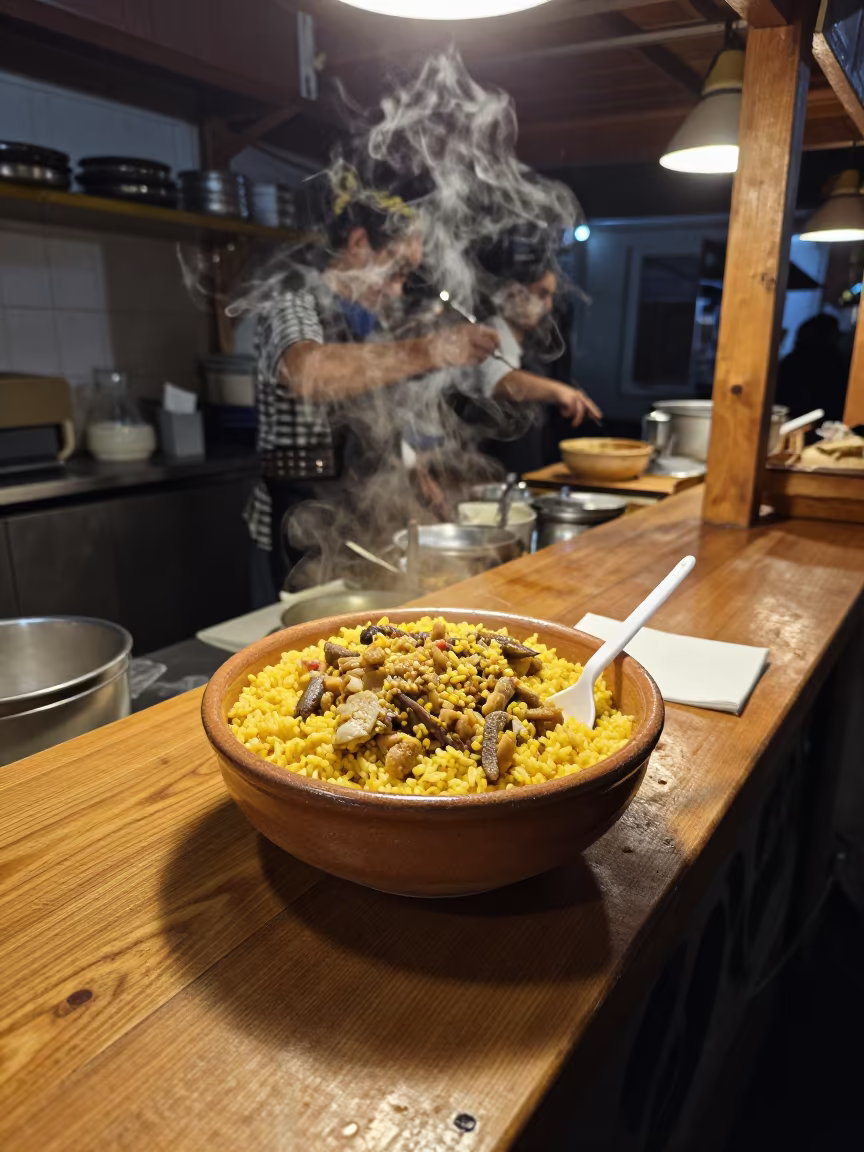 Arroz con Pollo at Santiago Market Stall in at a market stall counter in Santiago de Querétaro