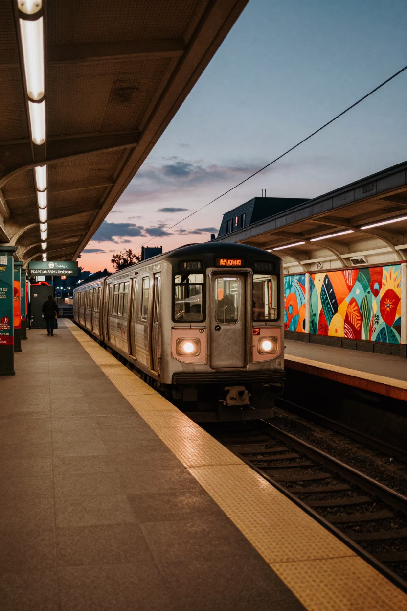 Art-adorned Station in Quebec City at Copper-toned Light Before Dusk in in Quebec City, Quebec, Canada