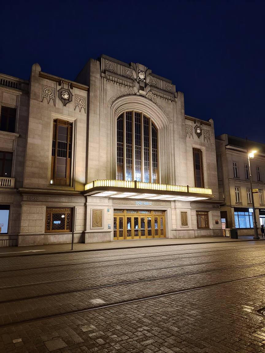 Art Deco Cinema Facade And Empty Tram Tracks in Brussels in in Brussels, Belgium
