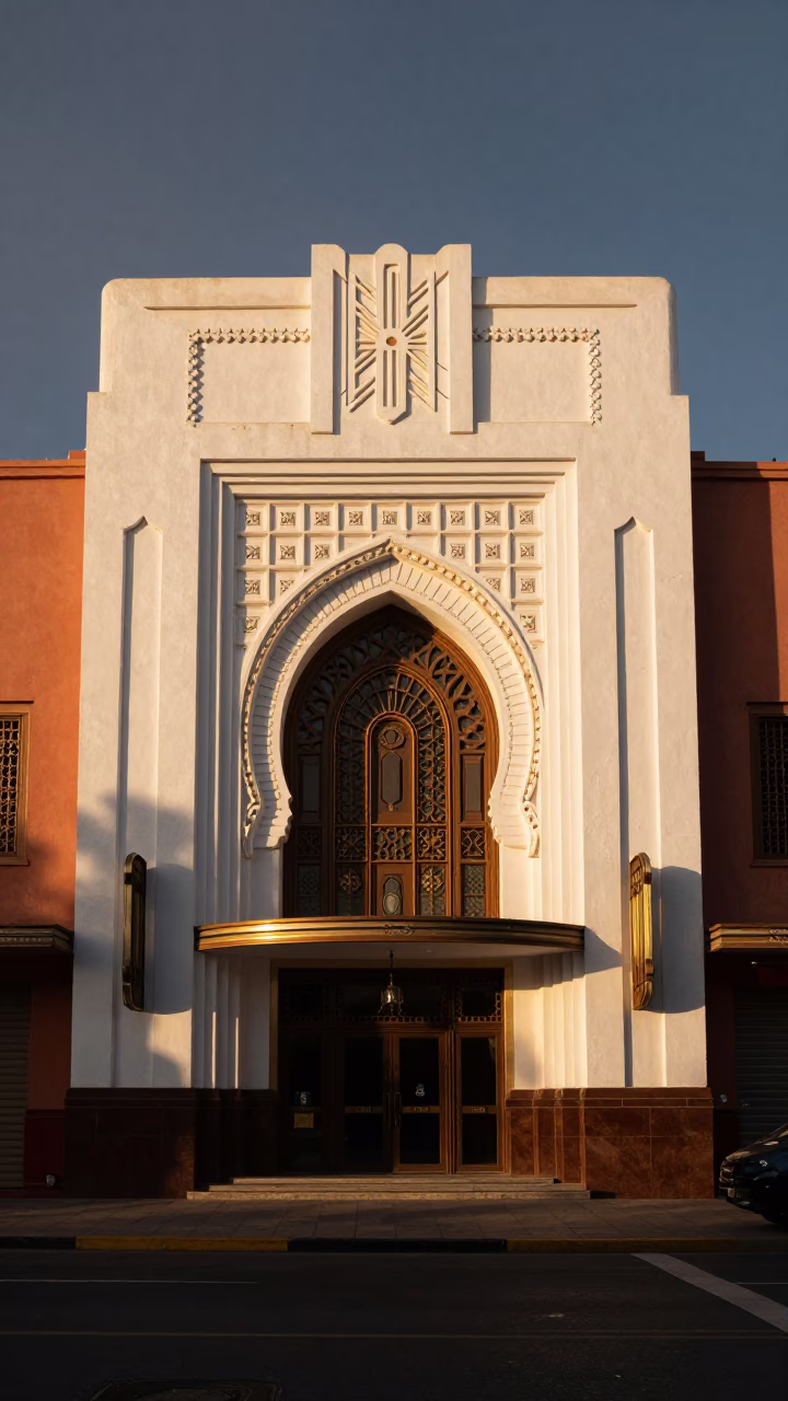 Art Deco Cinema Facade in Casablanca Morocco at Sunset with Terracotta Pots in in Casablanca, Morocco
