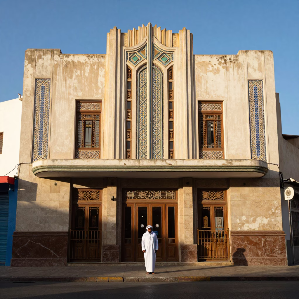 Art Deco Cinema Facade in Casablanca Morocco Late Afternoon Light Street Scene in in Casablanca, Morocco