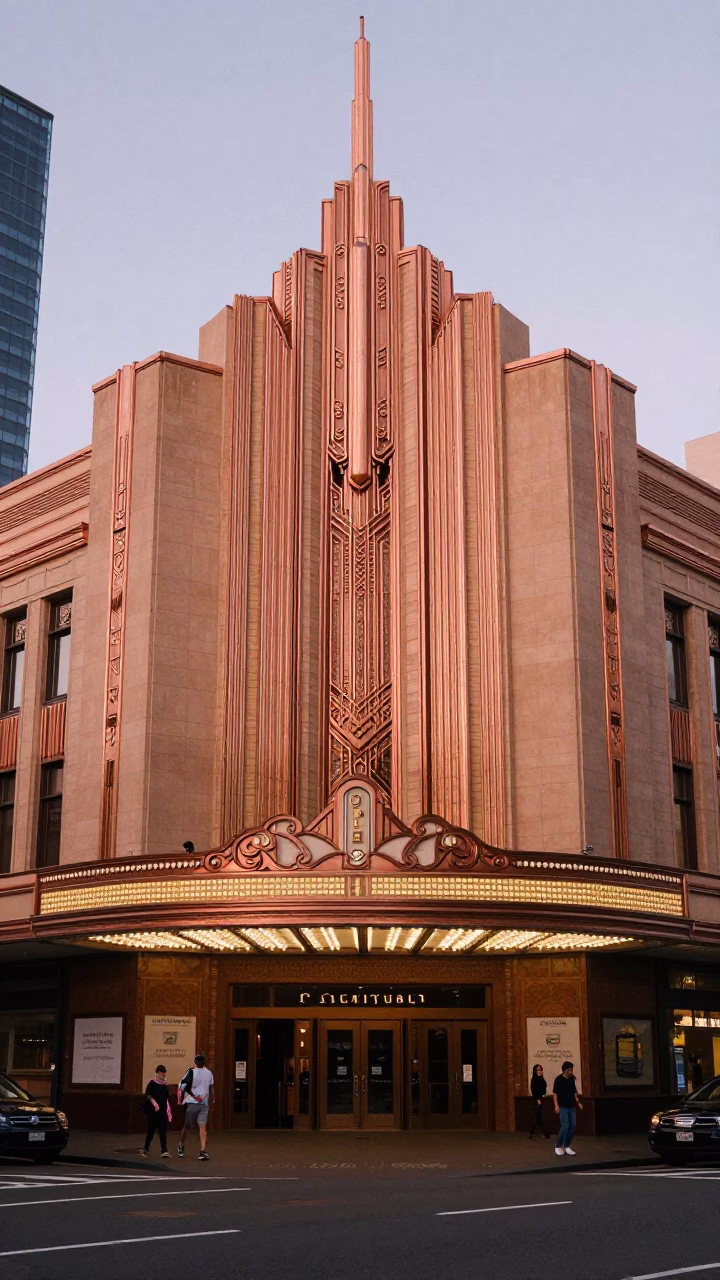 Art Deco Cinema Facade in Copper Toned Light Before Dusk Melbourne Victoria in in Melbourne, Victoria, Australia