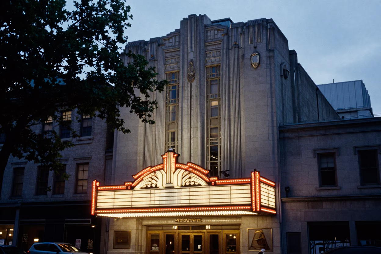 Art Deco Cinema Facade in Montreal Predawn Light with Tree Shadows in in Montreal, Quebec, Canada