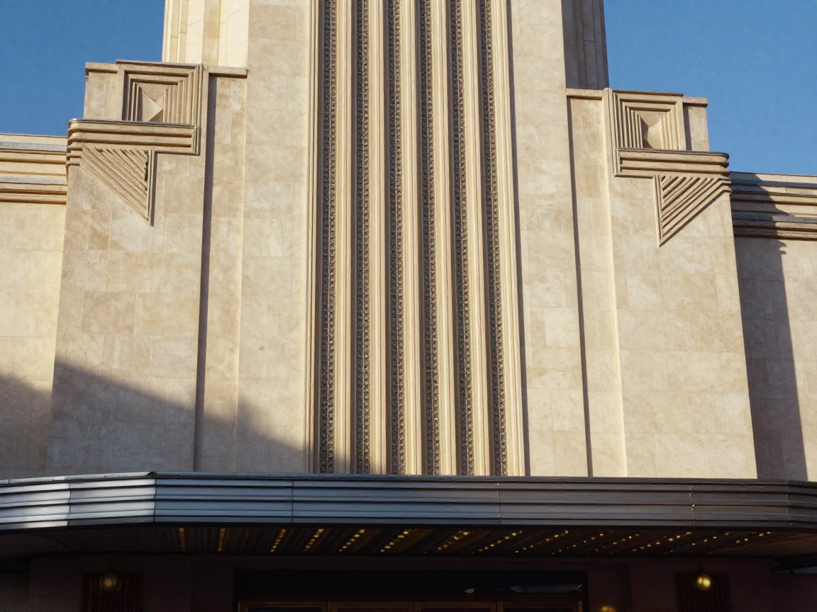 Art Deco Cinema Facade in Paris Early Afternoon Sunlight with Street Details in in Paris, France
