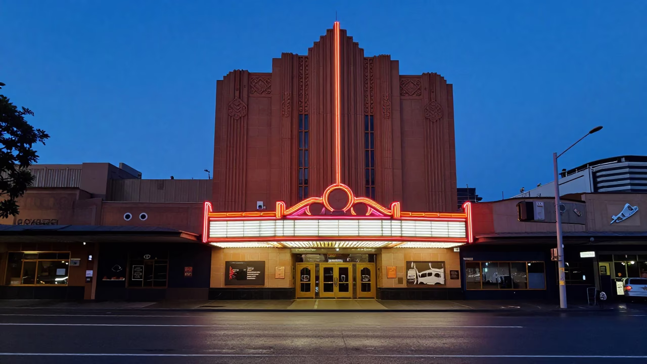 Art Deco Cinema Facade in Sydney Indigo Twilight with Street Details in in Sydney, New South Wales, Australia