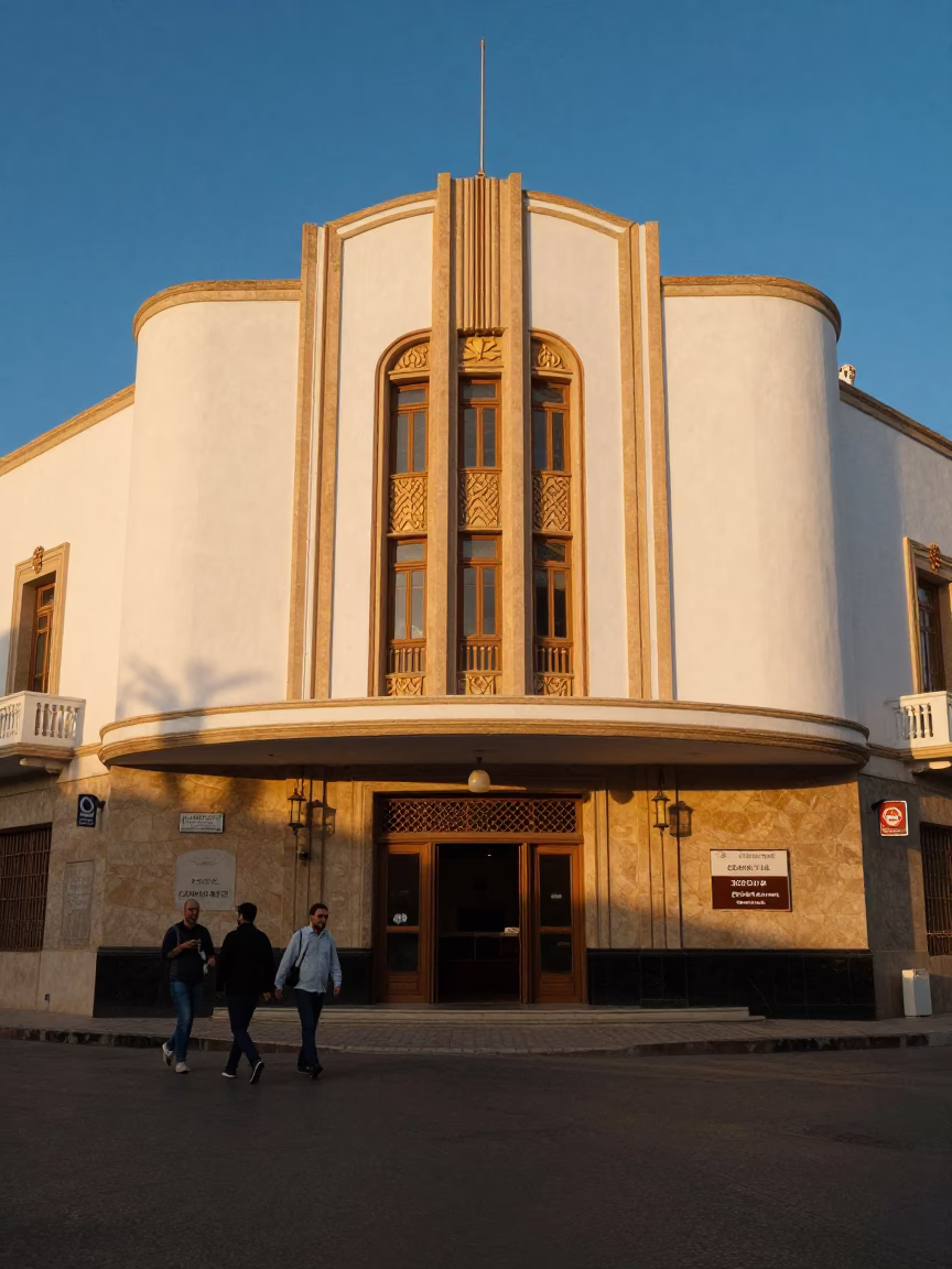 Art Deco Cinema Facade in Tunis Tunisia Honeyed Evening Light Street Scene in in Tunis, Tunisia