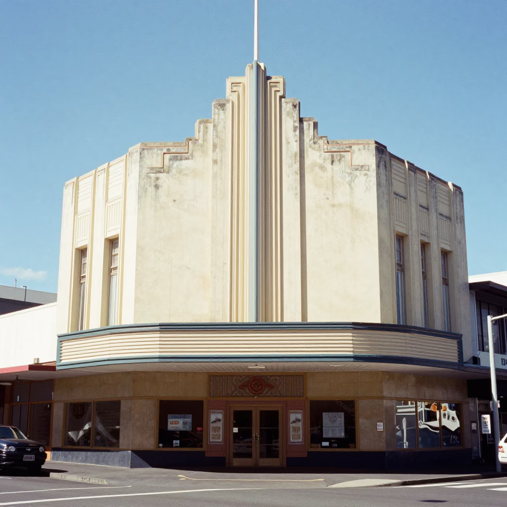 Art Deco Cinema Facade in Wellington New Zealand Under Flat Noon Light in in Wellington, New Zealand