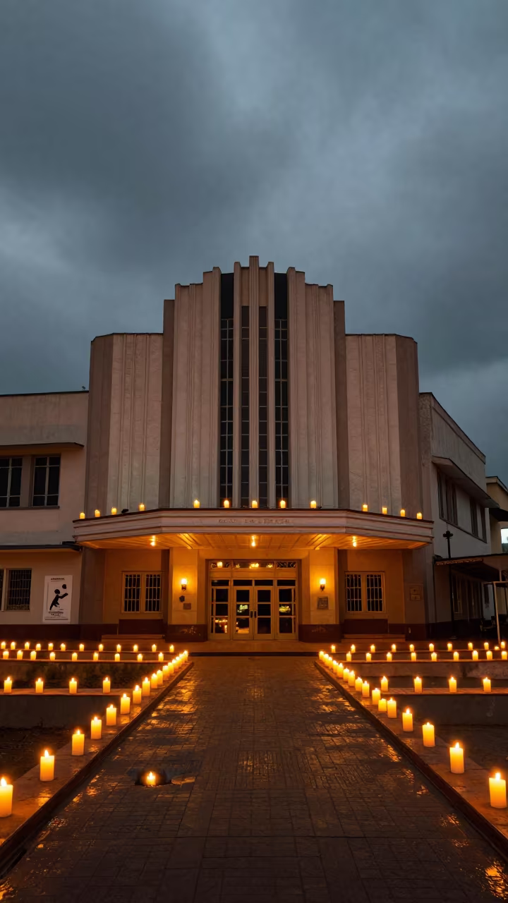 Art Deco Cinema Facade Midnight Lanterns Cotonou in in a shrine lined with lanterns near Cotonou