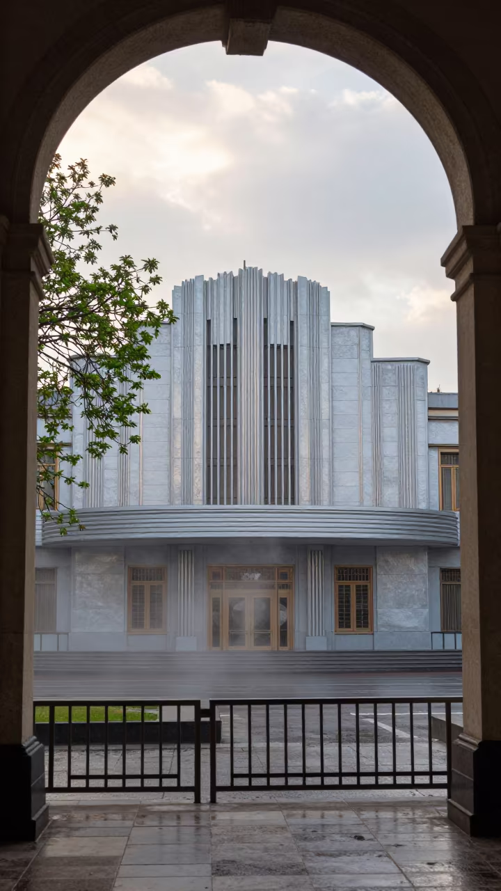 Art Deco Cinema Lqliâa Dawn Light in in a ceremonial hall in Lqliâa