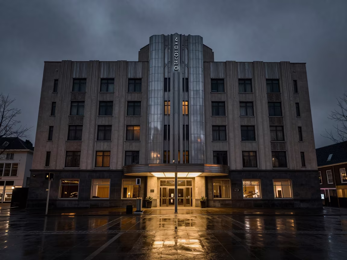 Art Deco Hotel After Rain Under Winter Night in outside a lit hotel frontage after rain near Almere