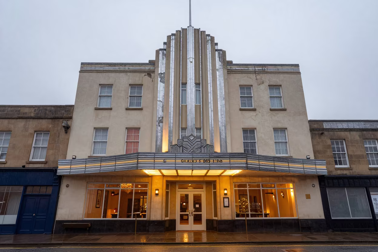 Art Deco Hotel Dawn Rain Exeter Desert in outside a lit hotel frontage after rain in Exeter